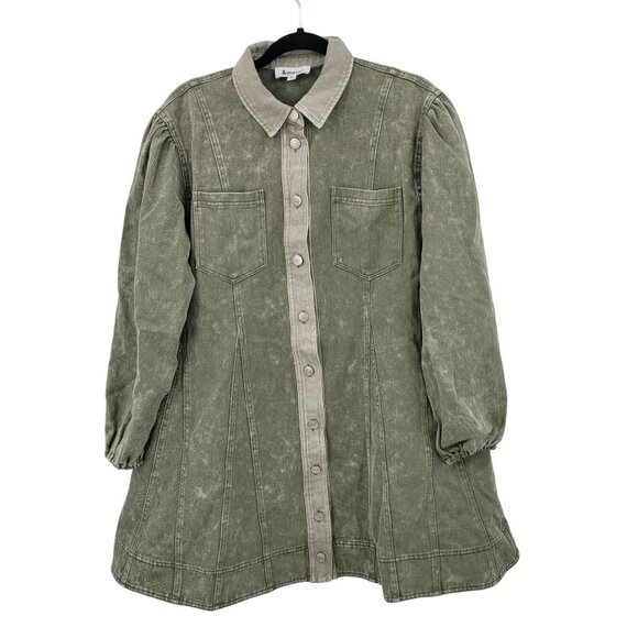 Army Green Washed Denim Button Front Mini Dress Sz S Puff Military Gorpcore - Picture 15 of 15